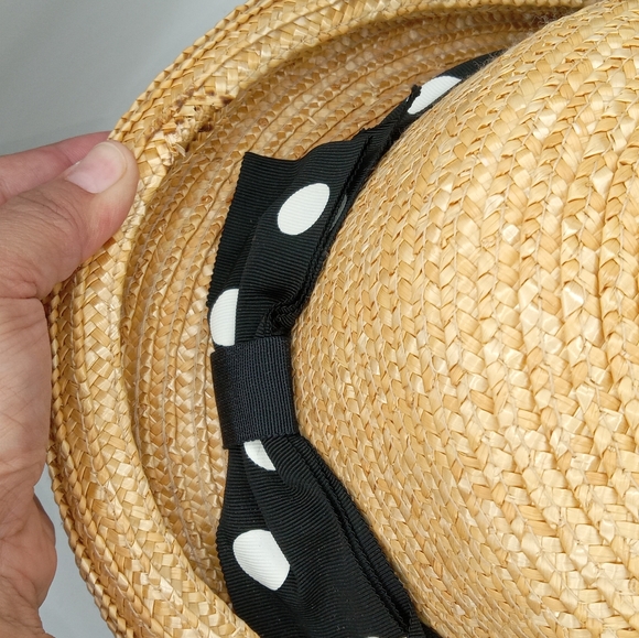 Yellow Rafia Straw hat with black ribbon and white dots print - Picture 5 of 6